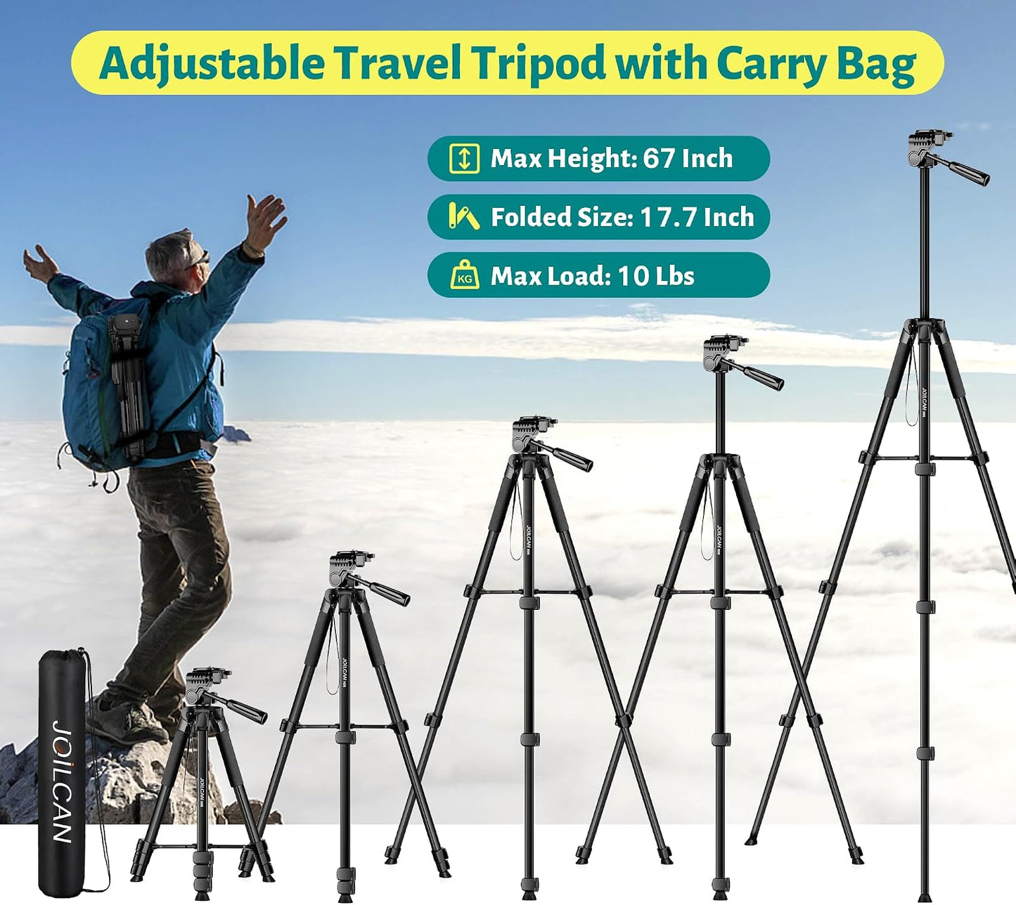 Phone Tripod, 67" Camera Tripod Stand for Iphone Ipad | Professional Aluminum Travel Tripods with Wireless Remote and Carry Bag for Cellphone Photo Video Recording Vlog
